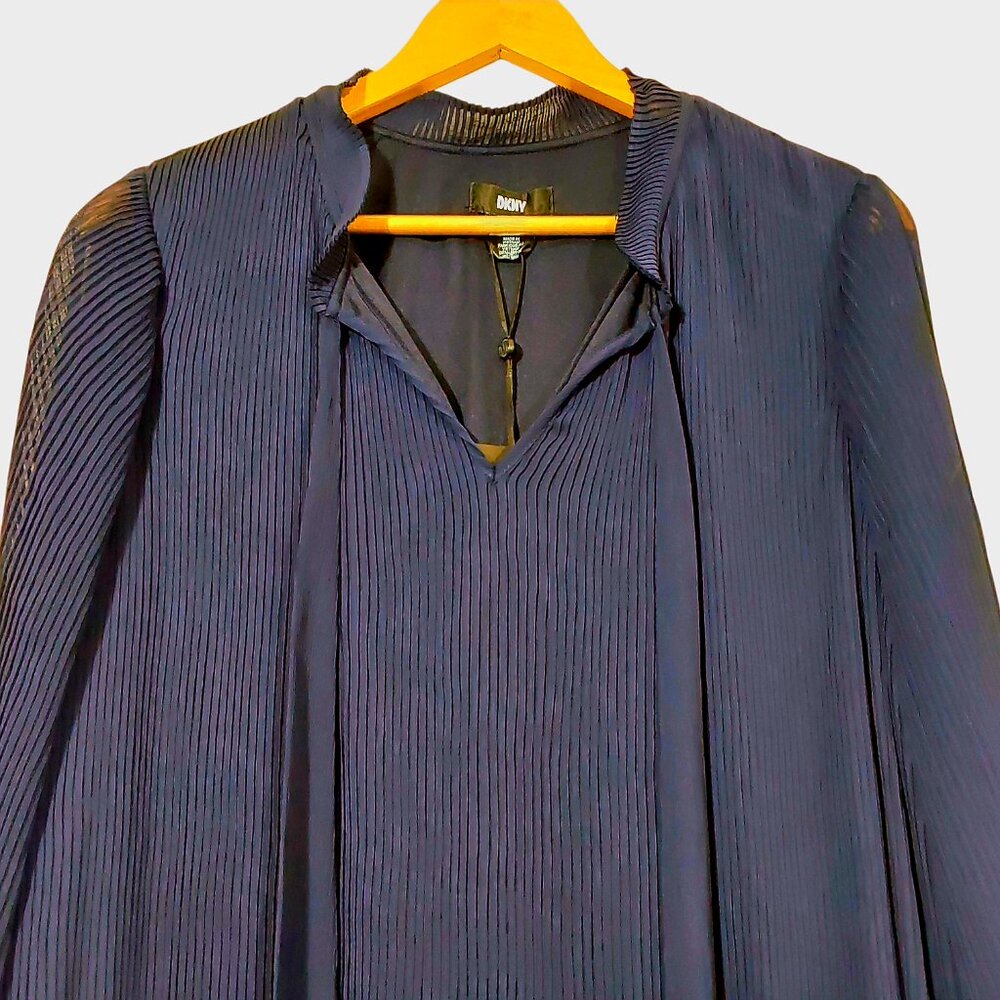 NWT Pleated Chiffon DKNY Dress XL Navy High Neck Wedding Guest/Church/Work - 14W - Picture 4 of 11